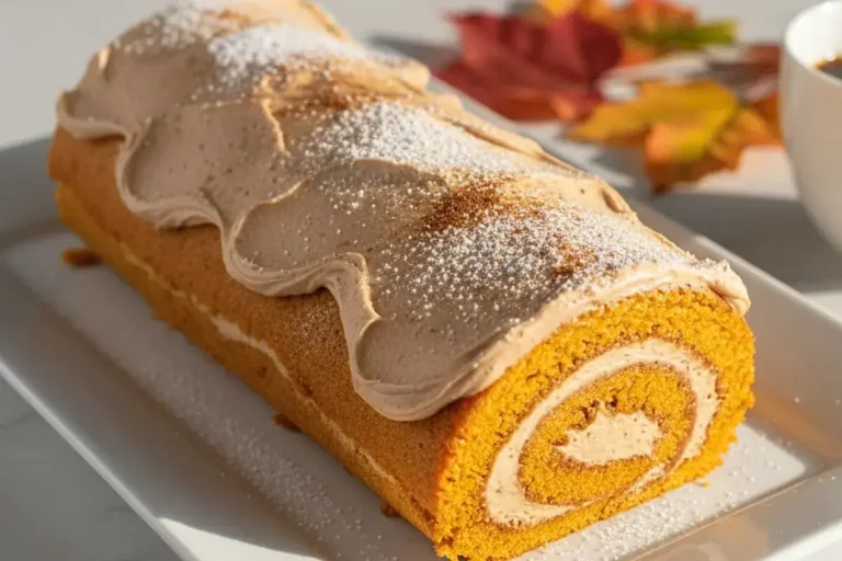 A Pumpkin Spice Swiss Roll with Cinnamon Buttercream in a white rectangular serving platter,