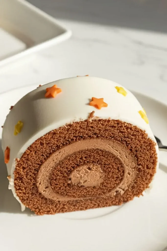 A slice of Snoopy Halloween Swiss Roll on a white dessert plate