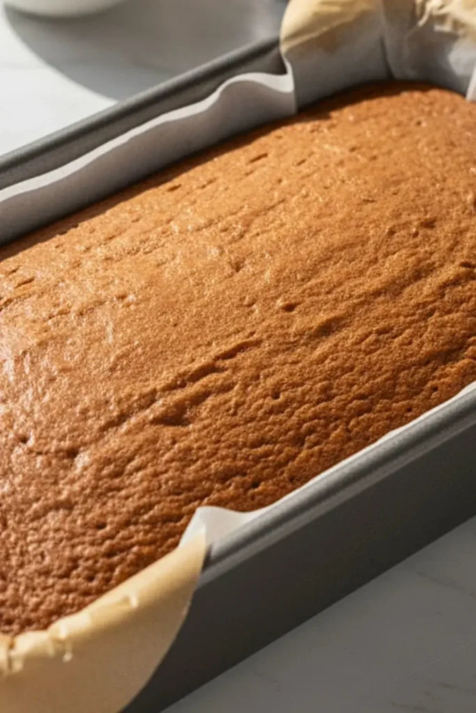 A freshly baked chocolate Swiss roll sponge cake in a 15x10 inch jelly roll pan lined with parchment paper