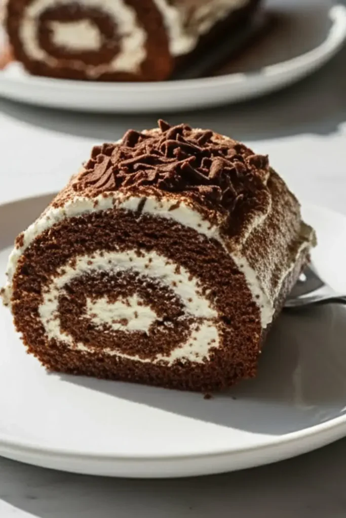 A Chocolate Cake Roll on a white ceramic dessert plate, featuring layers of rich chocolate sponge cake swirled with whipped cream filling, topped with a dusting of cocoa powder and chocolate shavings.