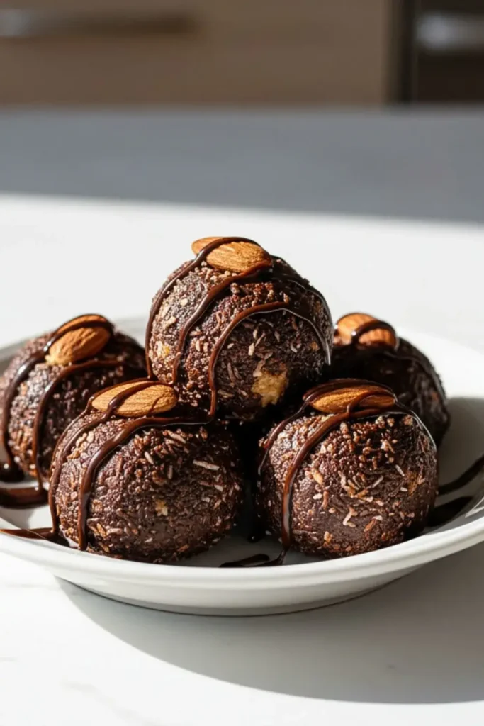 A serving of Almond Joy Protein Balls in a elegant white dessert plate, featuring dark chocolate cocoa coating with shredded coconut and almond butter center, topped with whole almonds pressed into each ball and a dark chocolate drizzle.