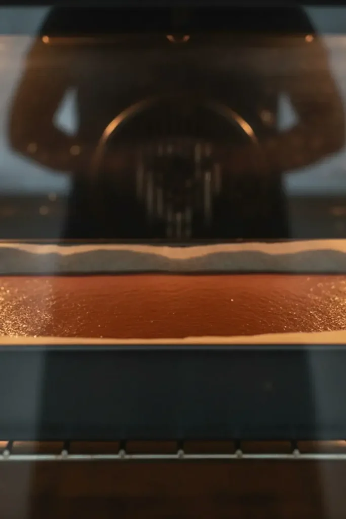 Inside oven perspective looking out at a chocolate Swiss roll cake baking on a jelly roll pan with parchment paper.