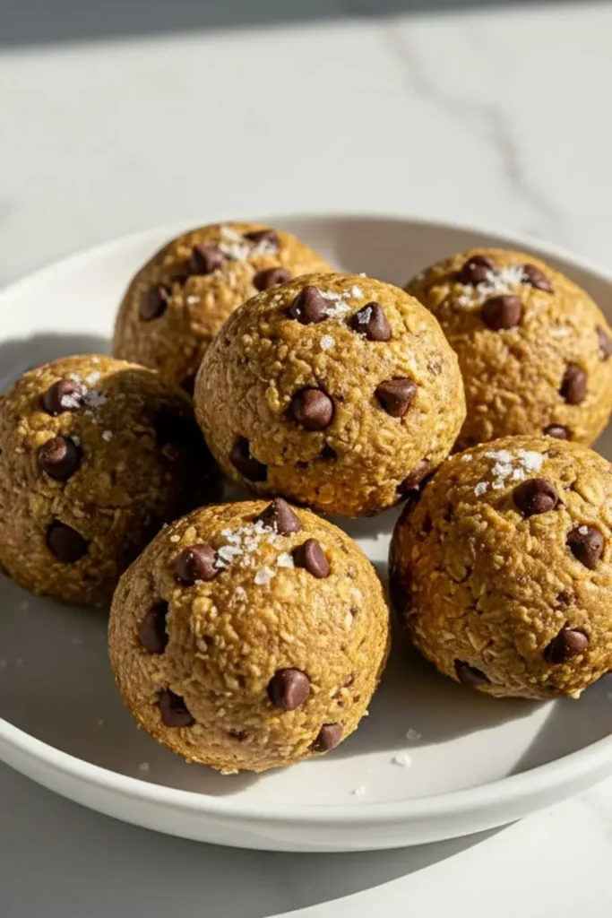 A presentation of Tahini Chocolate Chip Protein Balls in a simple white dessert plate, featuring golden tahini-oat coating with visible mini chocolate chips throughout, topped with sea salt flakes and extra chocolate chips.