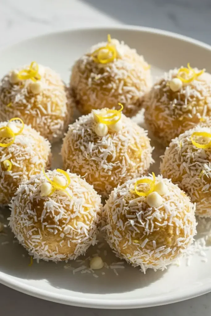 A fresh arrangement of Lemon Coconut Protein Balls in a bright white dessert plate