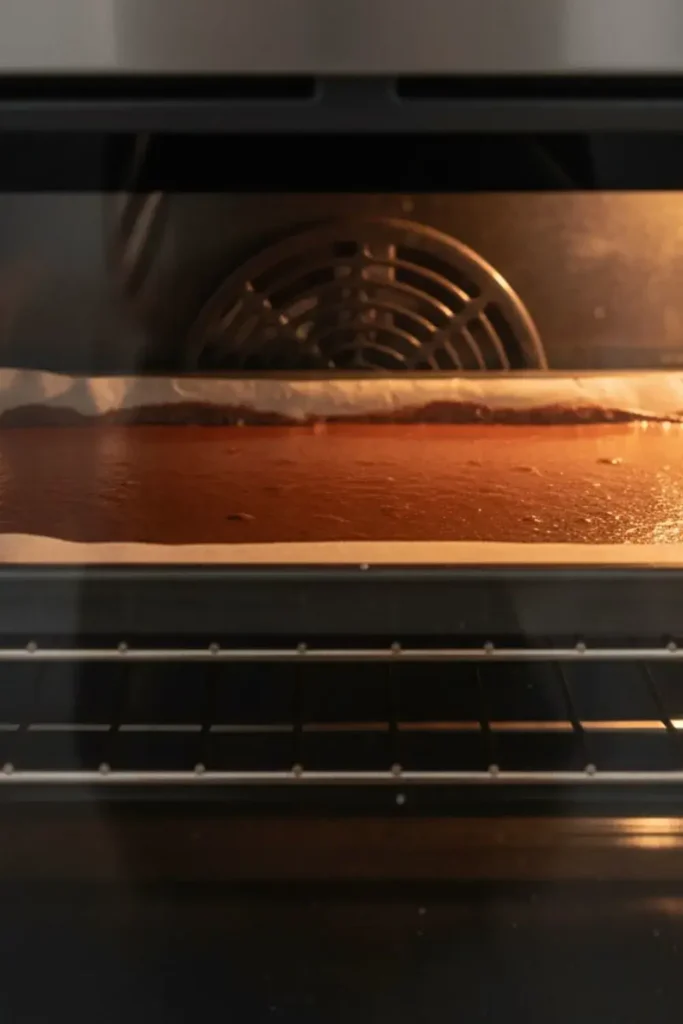 A Gingerbread Swiss Cake Roll batter freshly spread in a parchment-lined jelly roll pan inside a warm oven, featuring the deep brown molasses-colored batter with a slight sheen, beginning to set and rise slightly.