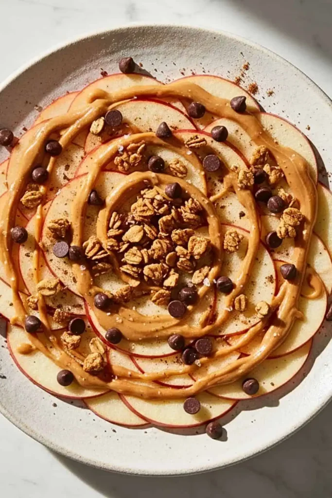 A Cinnamon Apple Nachos dessert in a rustic white ceramic plate, featuring layers of thinly sliced Honeycrisp apples arranged in a circular nacho-style pattern, topped with warm peanut butter drizzle, golden caramel sauce, mini dark chocolate chips, crunchy granola clusters, and a light dusting of cinnamon with sea salt flakes.
