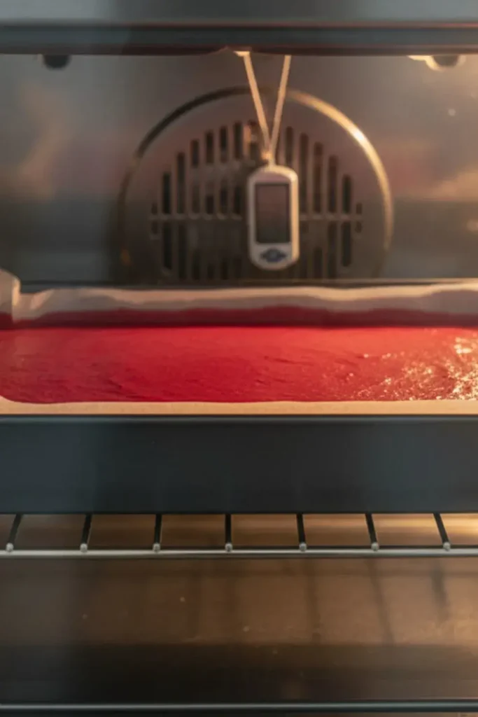 A Red Velvet Cake Roll batter in a 15x10-inch jelly roll pan lined with parchment paper