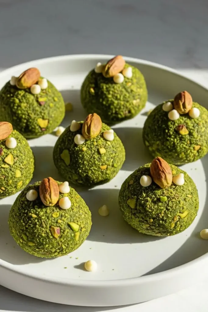 A display of Matcha Pistachio Protein Balls in a minimalist white dessert plate, featuring vibrant green matcha coating with crushed pistachio pieces, topped with whole pistachios and white chocolate chip garnish.