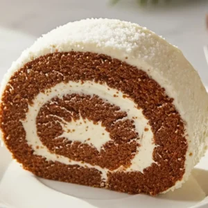 A single slice of Gingerbread Swiss Cake Roll on a white ceramic dessert plate, featuring the perfect spiral of dark molasses gingerbread cake wrapped around tangy cream cheese frosting, with a light dusting of powdered sugar.
