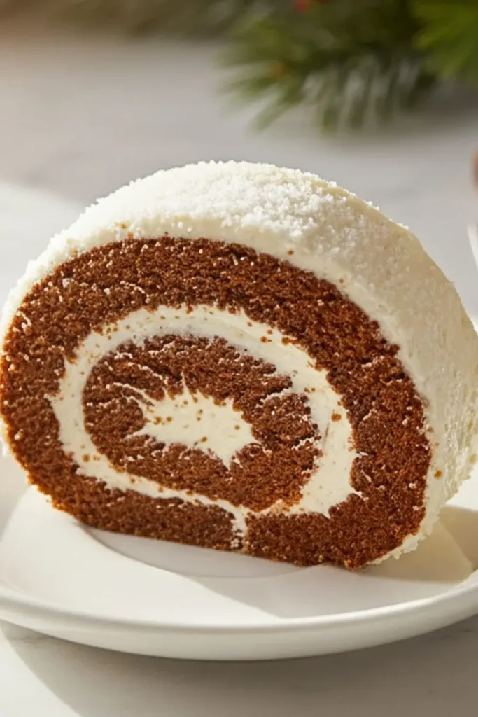 A single slice of Gingerbread Swiss Cake Roll on a white ceramic dessert plate, featuring the perfect spiral of dark molasses gingerbread cake wrapped around tangy cream cheese frosting, with a light dusting of powdered sugar.