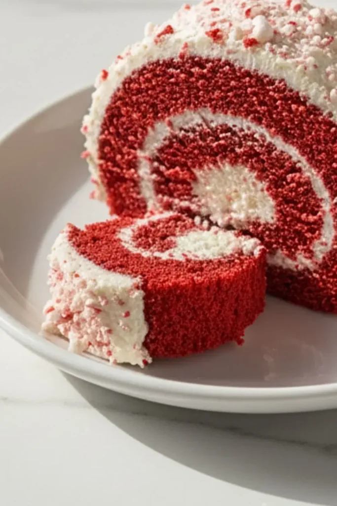 A Red Velvet Cake Roll with Peppermint Buttercream bite on a silver dessert fork in a white dessert plate