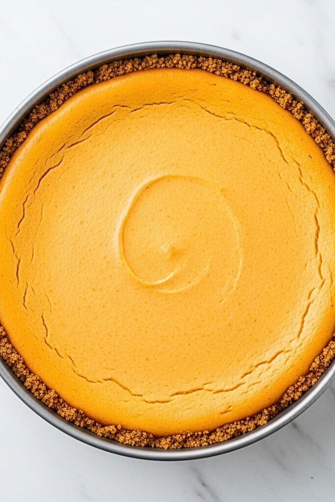 whole pumpkin cheesecake in a springform pan on a clean white marbled table.