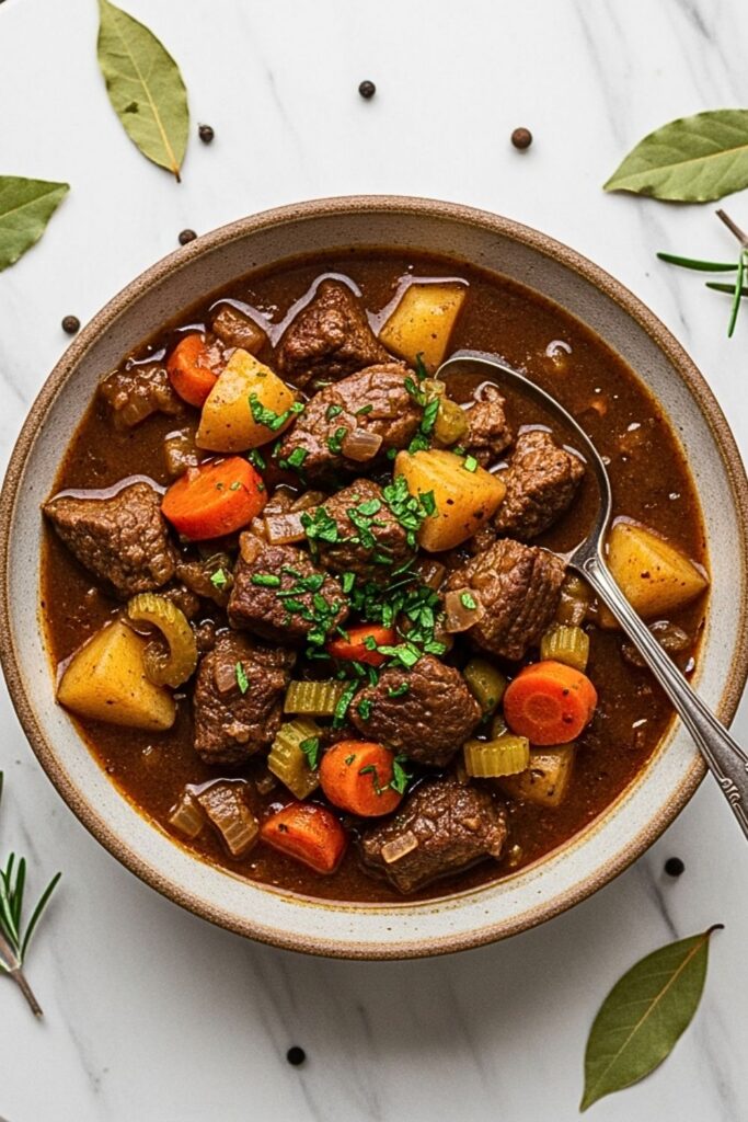 beef stew in a rustic ceramic bowl on a clean white marbled table.