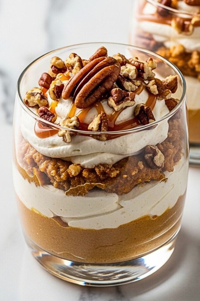 sweet potato pie mousse in clear dessert glasses on a clean white marbled table.