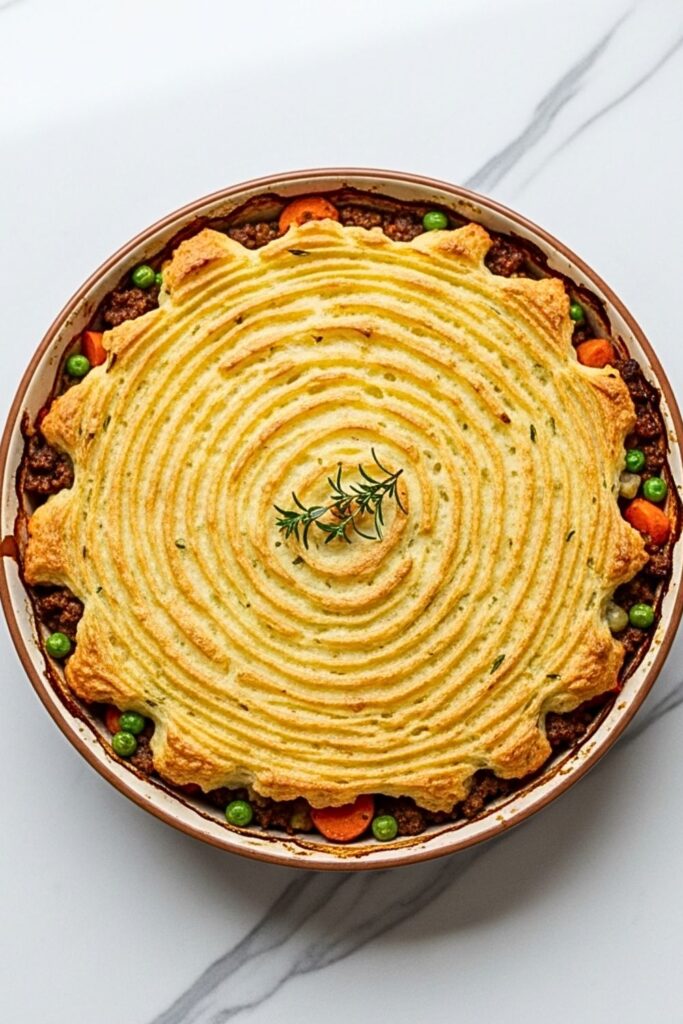 shepherd's pie in a round baking dish on a clean white marbled table.