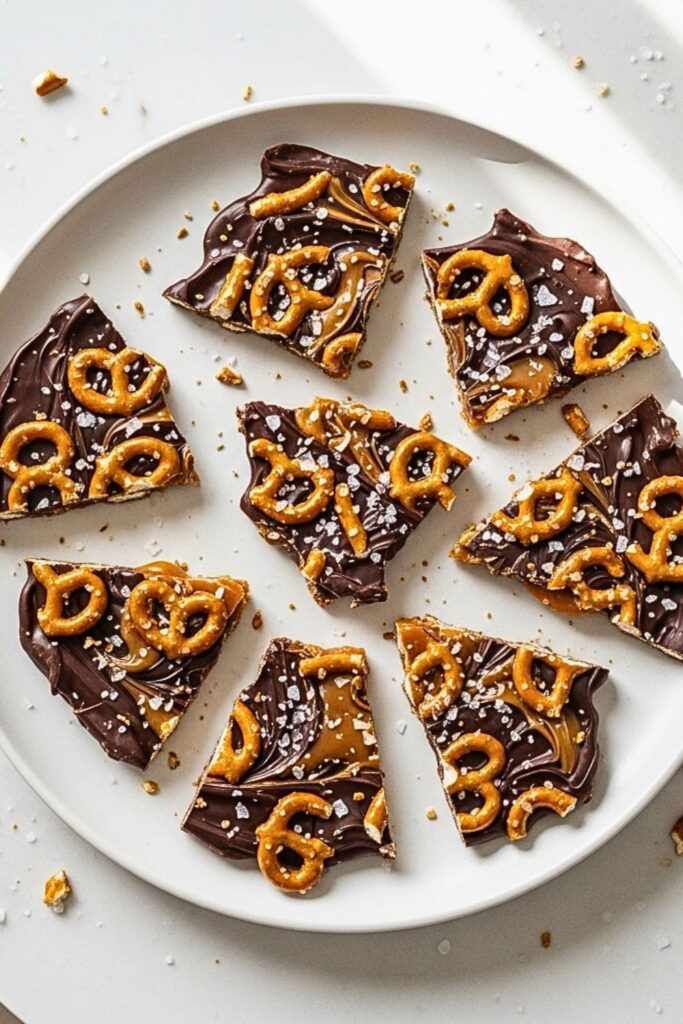 broken pieces of salted caramel pretzel bark on a white serving plate on a clean white marbled table.