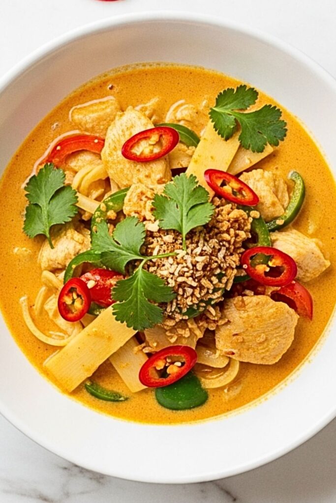 Thai coconut curry in a white serving bowl on a clean white marbled table.