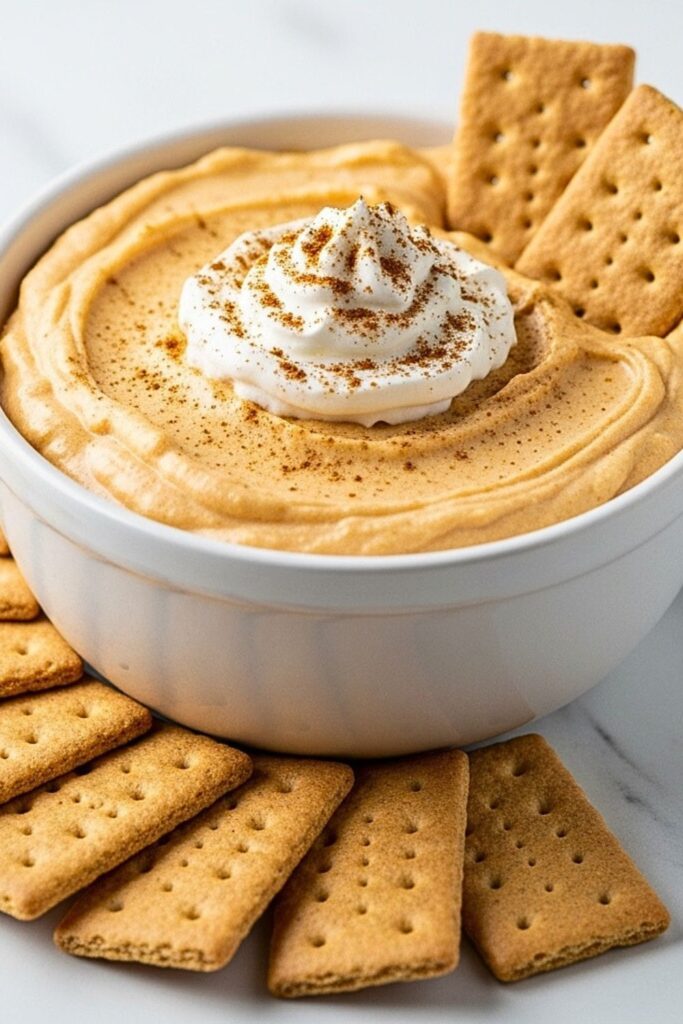 pumpkin pie dip in a white ceramic bowl on a clean white marbled table.