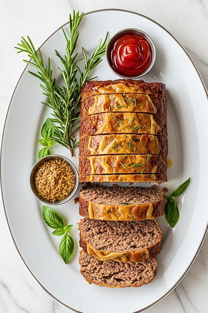sliced meatloaf on a serving platter on a clean white marbled table.