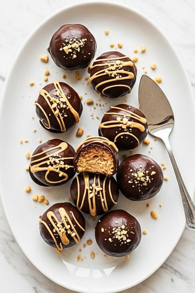 chocolate peanut butter balls arranged on a white serving platter on a clean white marbled table.