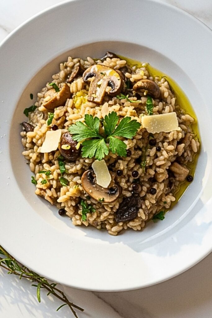 mushroom risotto in a shallow white bowl on a clean white marbled table.