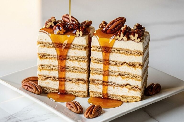 13 No-Bake Thanksgiving Desserts - maple pecan icebox cake slices on a white square plate on a clean white marbled table.