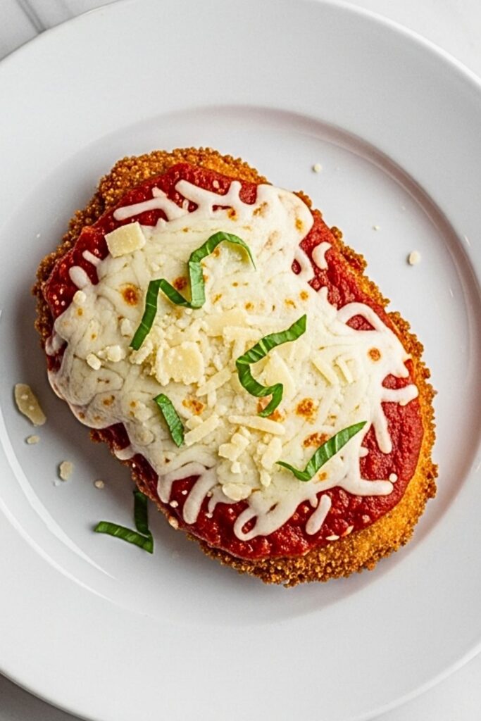 chicken parmesan on a white plate on a clean white marbled table.