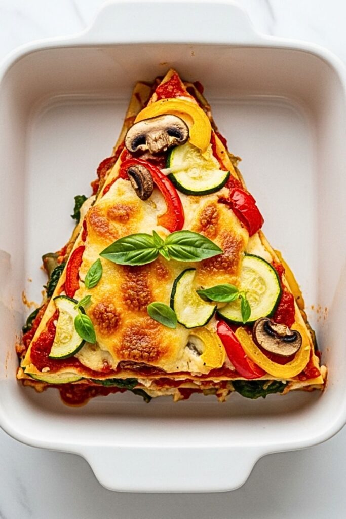 vegetable lasagna slice in a baking dish on a clean white marbled table.