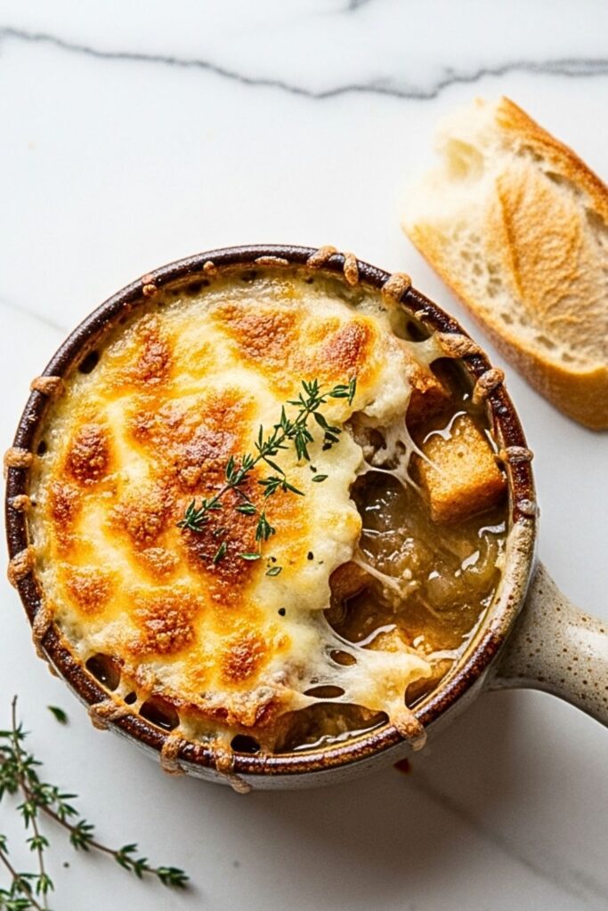 French onion soup in an oven-safe crock on a clean white marbled table.