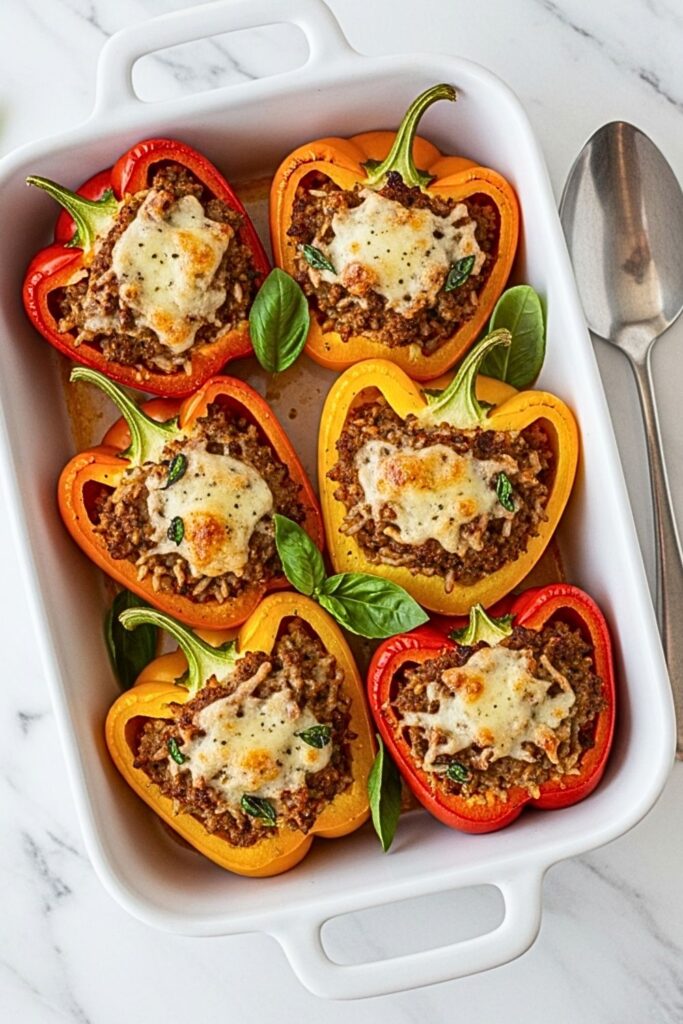 stuffed bell peppers in a baking dish on a clean white marbled table.