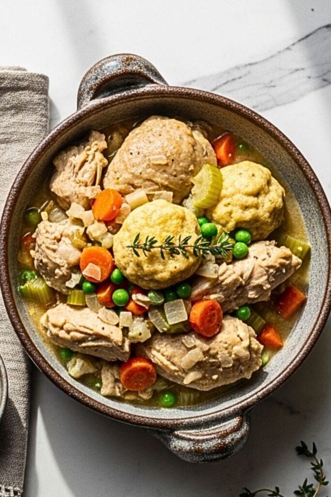 chicken and dumplings in a rustic bowl on a clean white marbled table.