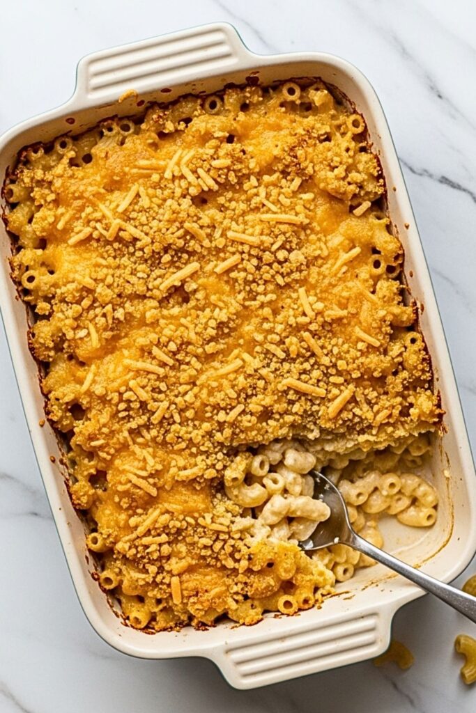 baked mac and cheese in a ceramic baking dish on a clean white marbled table.