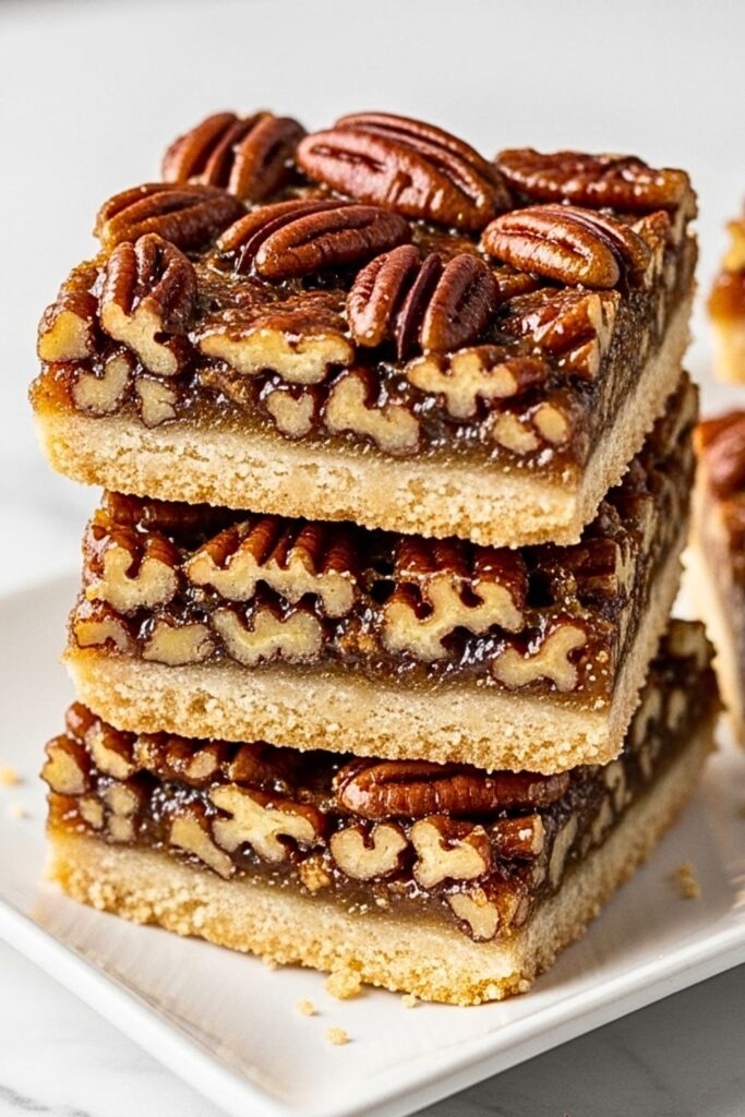 stacked pecan pie bars on a white rectangular plate on a clean white marbled table.