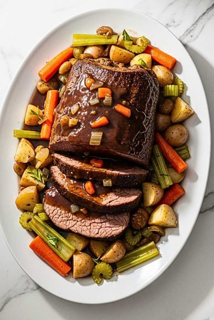 pot roast with vegetables in an oval serving platter on a clean white marbled table.