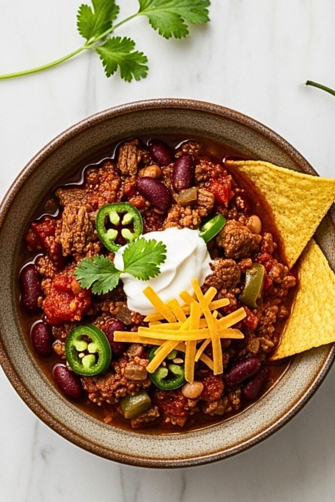 chili con carne in a rustic bowl on a clean white marbled table.