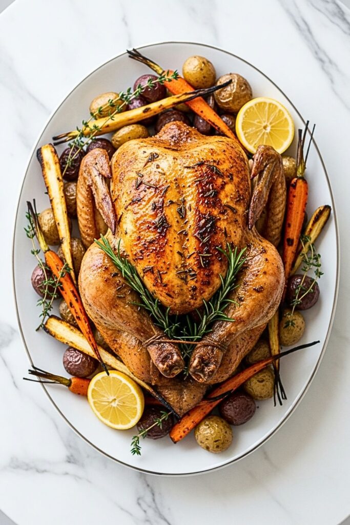 roasted chicken on an oval platter on a clean white marbled table.