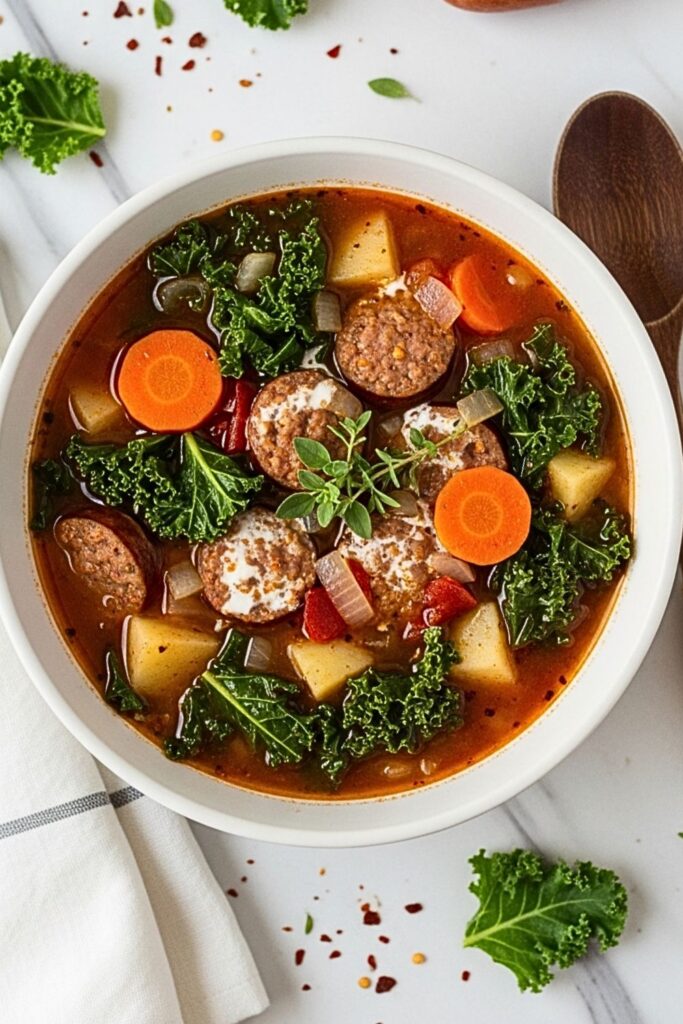 sausage and kale soup in a white bowl on a clean white marbled table.