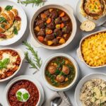 Cozy Winter Dinner Recipes in a white marbled table