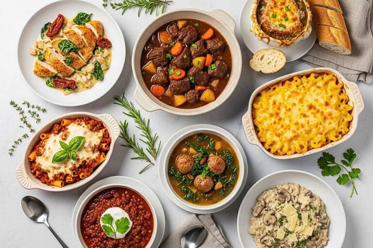 Cozy Winter Dinner Recipes in a white marbled table