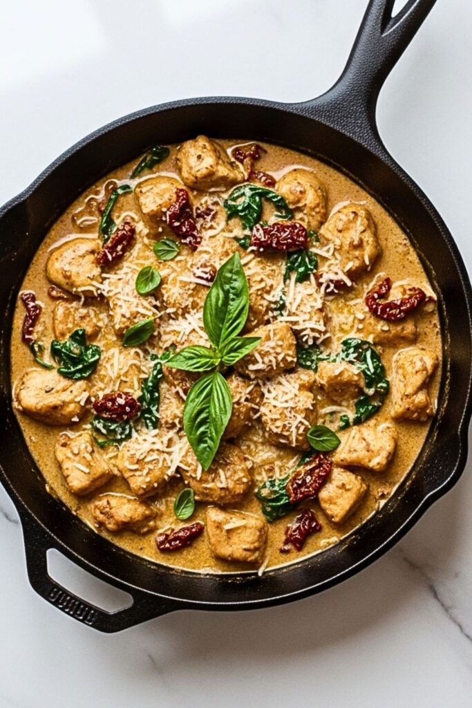 creamy Tuscan chicken in a cast iron skillet on a clean white marbled table.