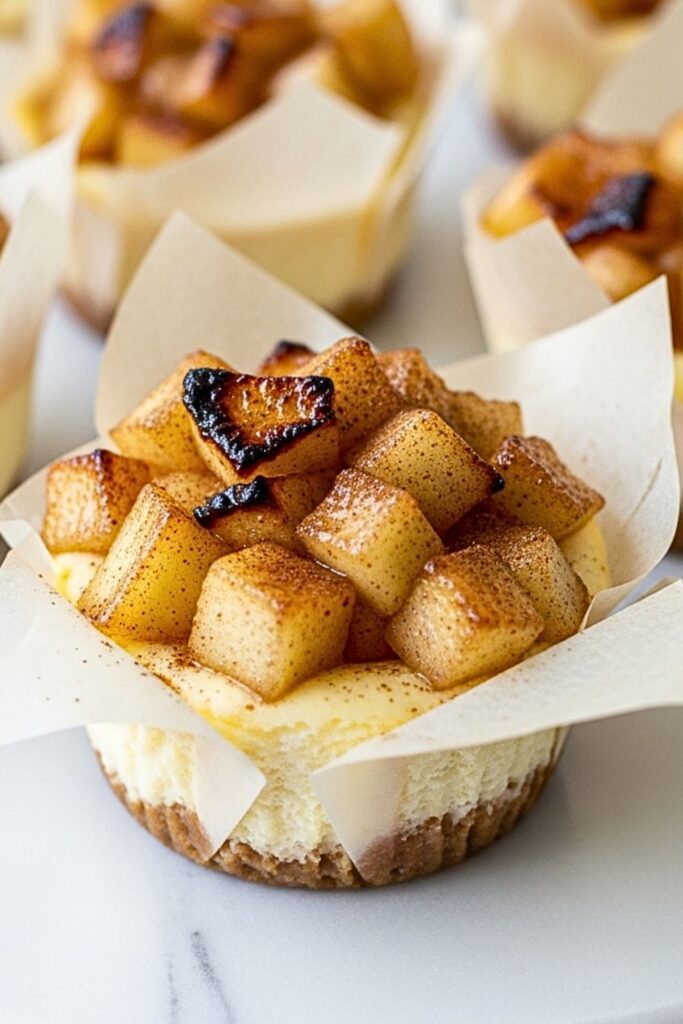 apple cinnamon cheesecake cups in paper liners on a clean white marbled table.