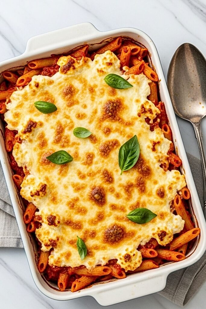 baked ziti in a rectangular baking dish on a clean white marbled table.