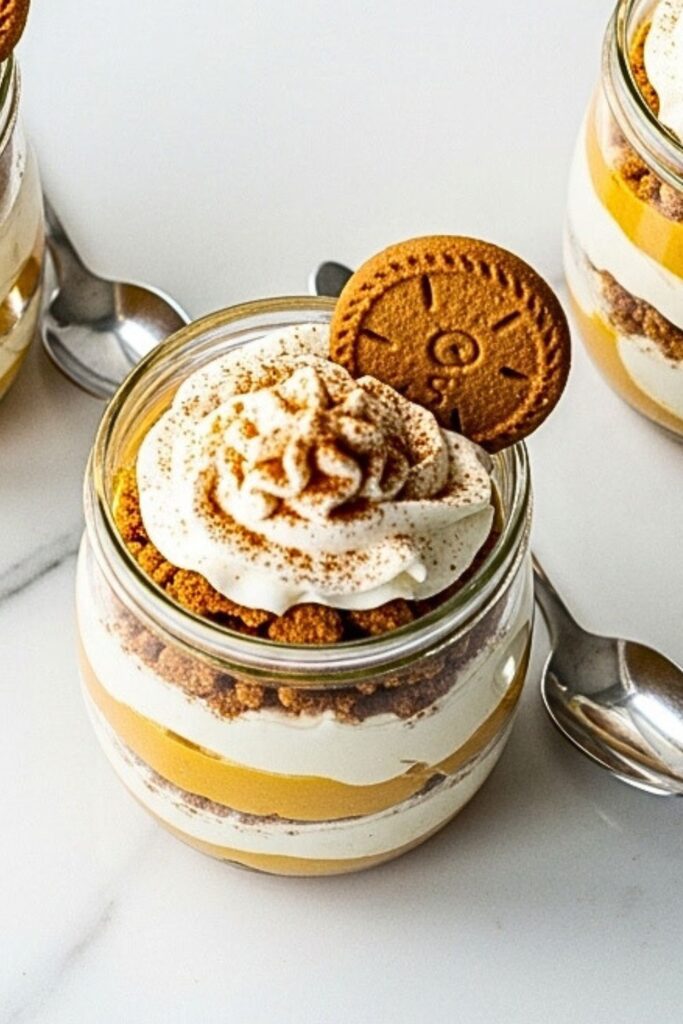 pumpkin spice pudding parfaits in clear glasses on a clean white marbled table.