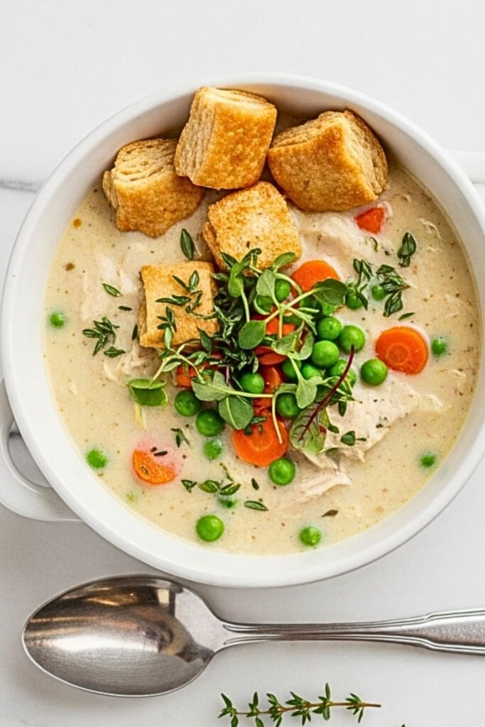 chicken pot pie soup in a white ceramic bowl on a clean white marbled table.