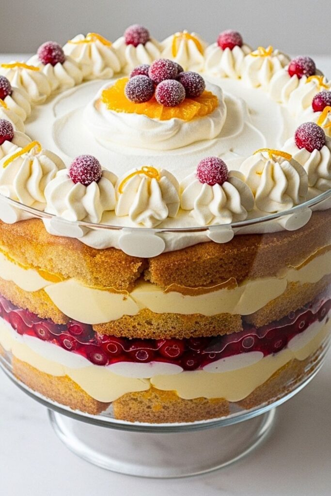 cranberry orange trifle in a large glass bowl on a clean white marbled table.