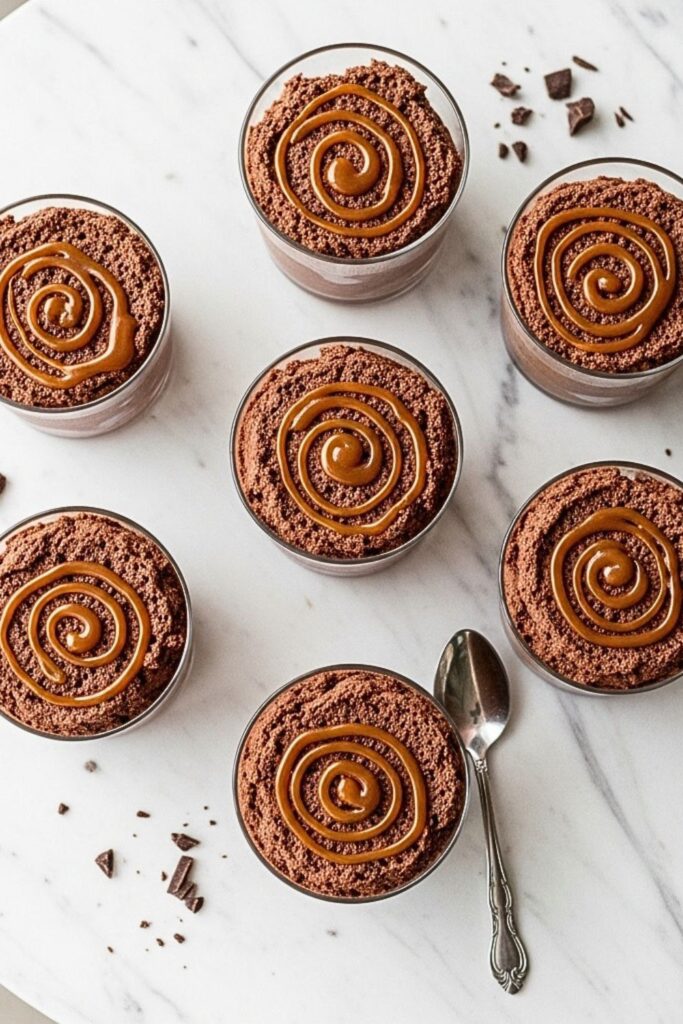 chocolate mousse servings in individual glass cups on a clean white marbled table.