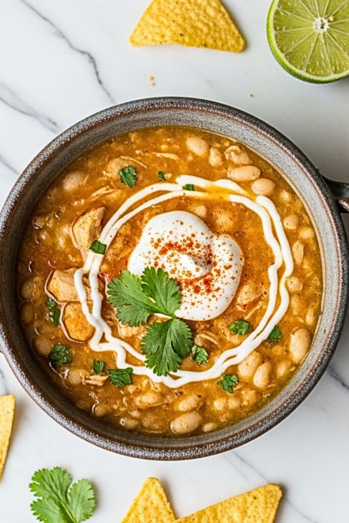 white chicken chili in a rustic soup bowl on a clean white marbled table.