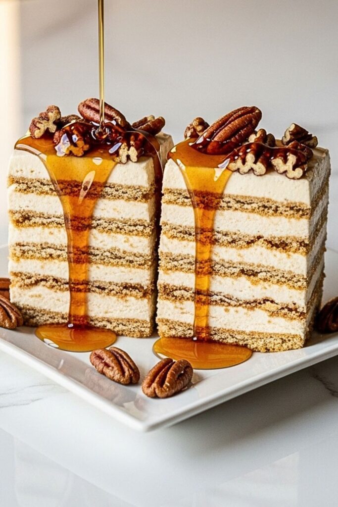 maple pecan icebox cake slices on a white square plate on a clean white marbled table.