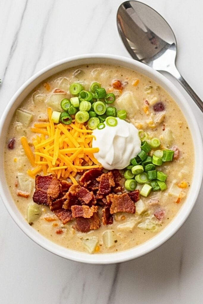 loaded potato soup in a white bowl on a clean white marbled table.