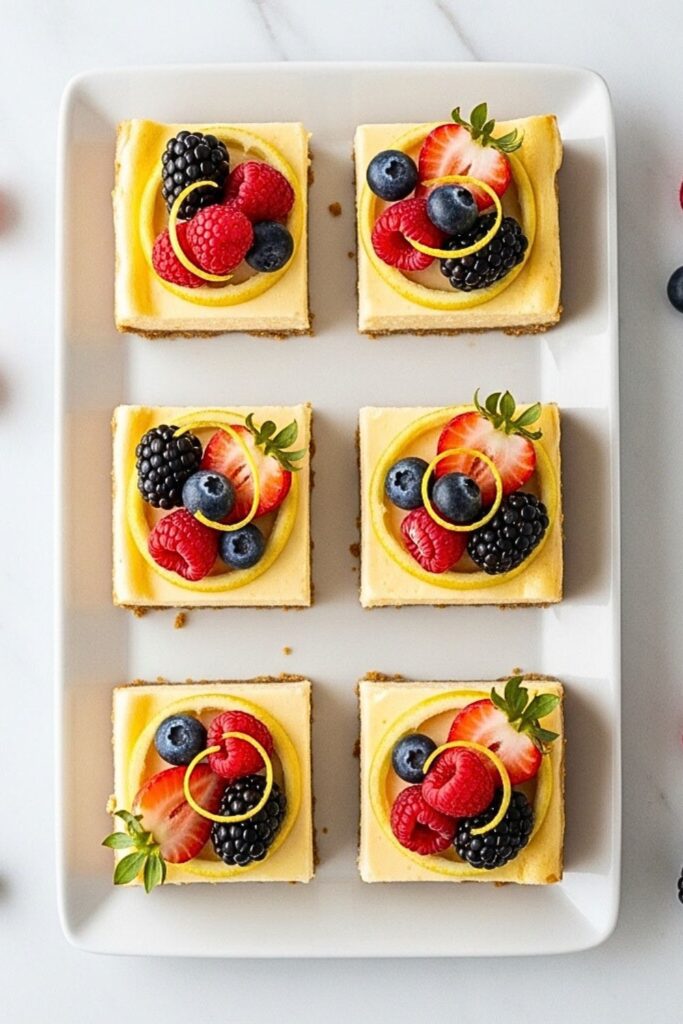 lemon berry cheesecake bars arranged on a white rectangular platter on a clean white marbled table.